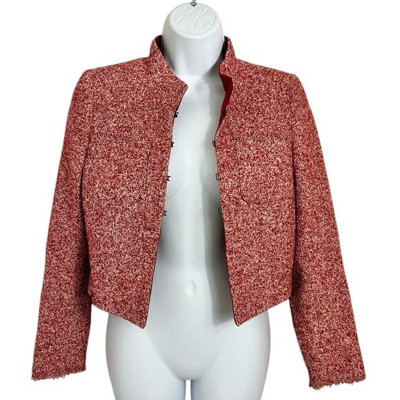 Rena Lange 4US Red Richly Woven Tweed Crop Blazer Jacket Wool Blend Designer - Picture 2 of 9
